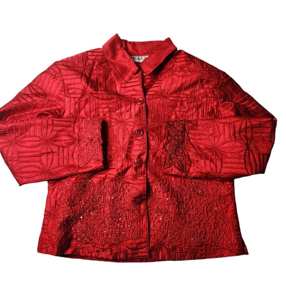 Vintage Anage Red Silk Jacket Topper Coat Boho Beaded Embroidered Blazer Medium